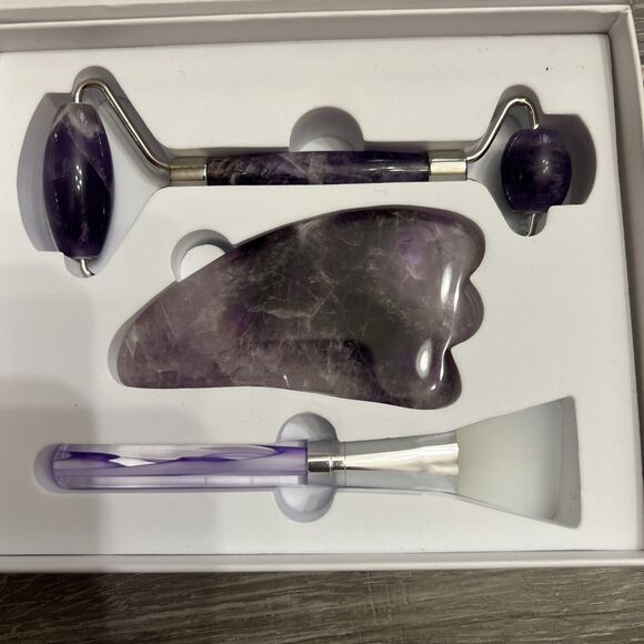 NEW MoValues Original Jade Roller & Gua Sha Facial Tools Kit NEW IN BOX Purple - Picture 3 of 14
